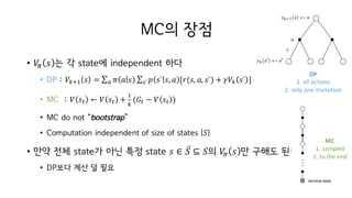 MC의 장점
• 𝑉c 𝑠 는 각 state에 independent 하다
• DP : 𝑉hiI 𝑠 = ∑ 𝜋 𝑎 𝑠 ∑ 𝑝 𝑠` 𝑠, 𝑎 [𝑟(𝑠, 𝑎, 𝑠`) + 𝛾𝑉h 𝑠` ]w`o
• MC : 𝑉 𝑠M ← 𝑉 𝑠M +
I
h
(𝐺M − 𝑉 𝑠M )
• MC do not “bootstrap”
• Computation independent of size of states 𝑆
• 만약 전체 state가 아닌 특정 state 𝑠 ∈ 𝑆̅ ⊆ 𝑆의 𝑉c 𝑠 만 구해도 된다
• DP보다 계산 덜 필요
DP
1.	all	actions
2.	only	one	transition
MC
1.	sampled
2.	to	the	end
 