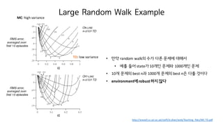 Large Random Walk Example
http://www0.cs.ucl.ac.uk/staff/d.silver/web/Teaching_files/MC-TD.pdf
MC:	high	variance
TD:	low	variance • 만약 random	walk의 수가 다른 문제에 대해서
• 예를 들어 state가 10개인 문제와 1000개인 문제
• 10개 문제의 best	n과 1000개 문제의 best	n은 다를 것이다
• environment에 robust	하지 않다
 