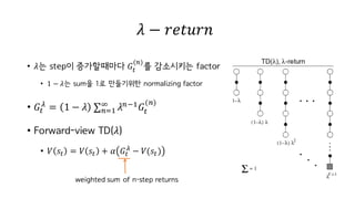 𝜆 − 𝑟𝑒𝑡𝑢𝑟𝑛
• 𝜆는 step이 증가할때마다 𝐺M
(’)
를 감소시키는 factor
• 1 − 𝜆는 sum을 1로 만들기위한 normalizing factor
• 𝐺M
µ
= 1 − 𝜆 ∑ 𝜆’jI
𝐺M
(’)¶
’kI 	
• Forward-view TD(𝜆)
• 𝑉 𝑠M = 𝑉 𝑠M + 𝛼 𝐺M
µ
− 𝑉(𝑠M) 	
weighted sum of n-step returns
 