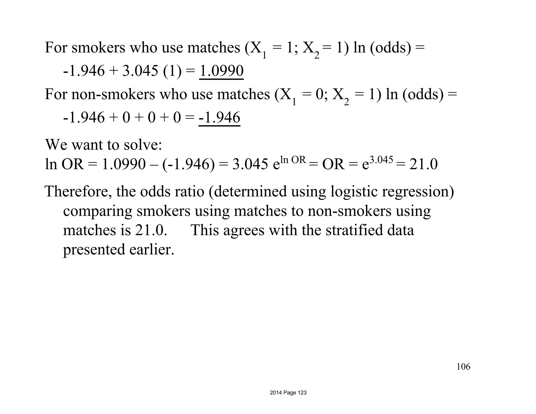 For smokers who use matches (X1
= 1; X2
= 1) ln (odds) =
-1.946 + 3.045 (1) = 1.0990
For non-smokers who use matches (X1
= 0; X2
= 1) ln (odds) =
-1.946 + 0 + 0 + 0 = -1.946
We want to solve:
ln OR = 1.0990 – (-1.946) = 3.045 eln OR
= OR = e3.045
= 21.0
Therefore, the odds ratio (determined using logistic regression)
comparing smokers using matches to non-smokers using
matches is 21.0. This agrees with the stratified data
presented earlier.
106
2014 Page 123
 