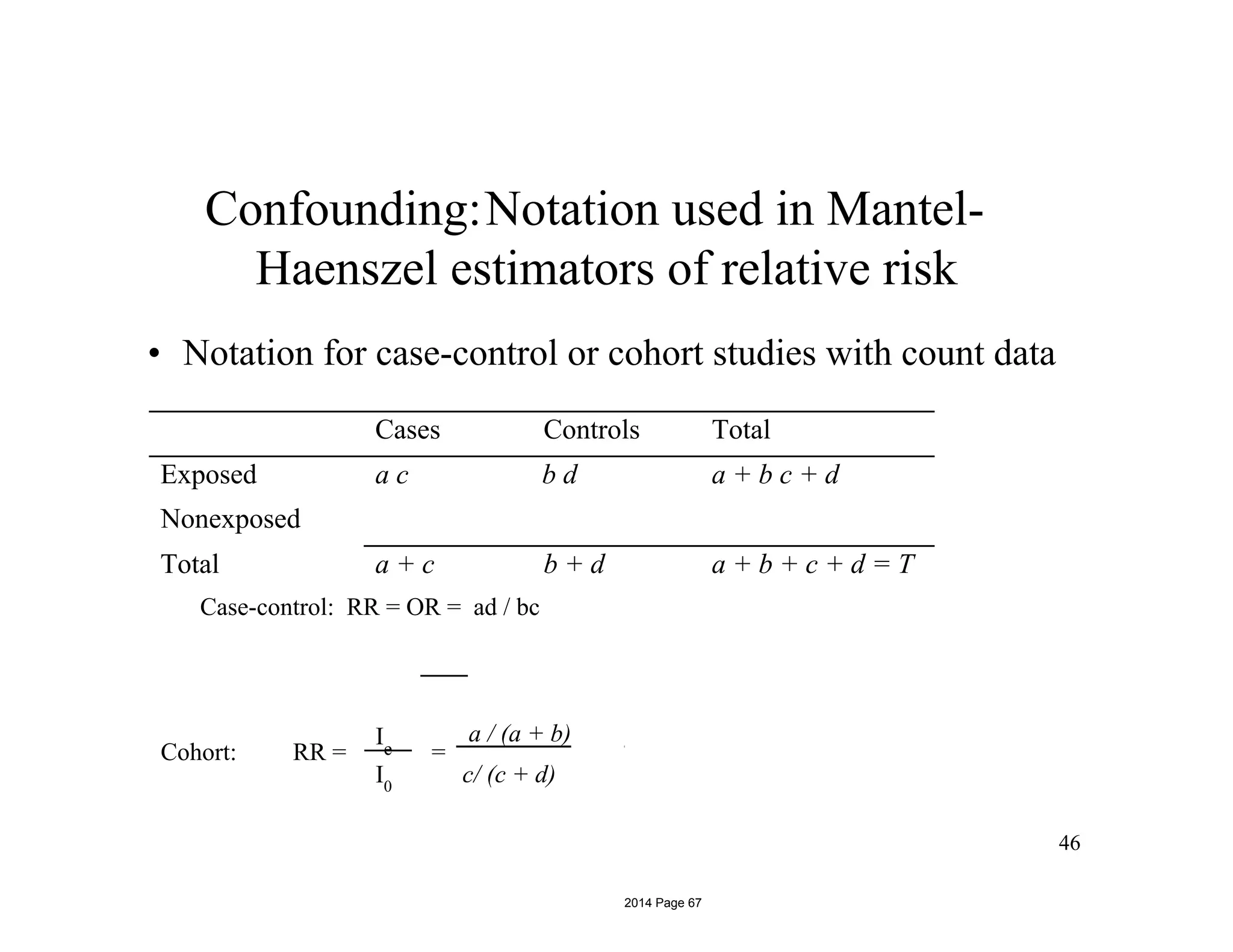 Confounding:Notation used in Mantel-
Haenszel estimators of relative risk
• Notation for case-control or cohort studies with count data
Case-control: RR = OR = ad / bc
Cohort: RR =
Ie
I0
46
=
a / (a + b)
c/ (c + d)
Cases Controls Total
Exposed
Nonexposed
a c b d a + b c + d
Total a + c b + d a + b + c + d = T
2014 Page 67
 