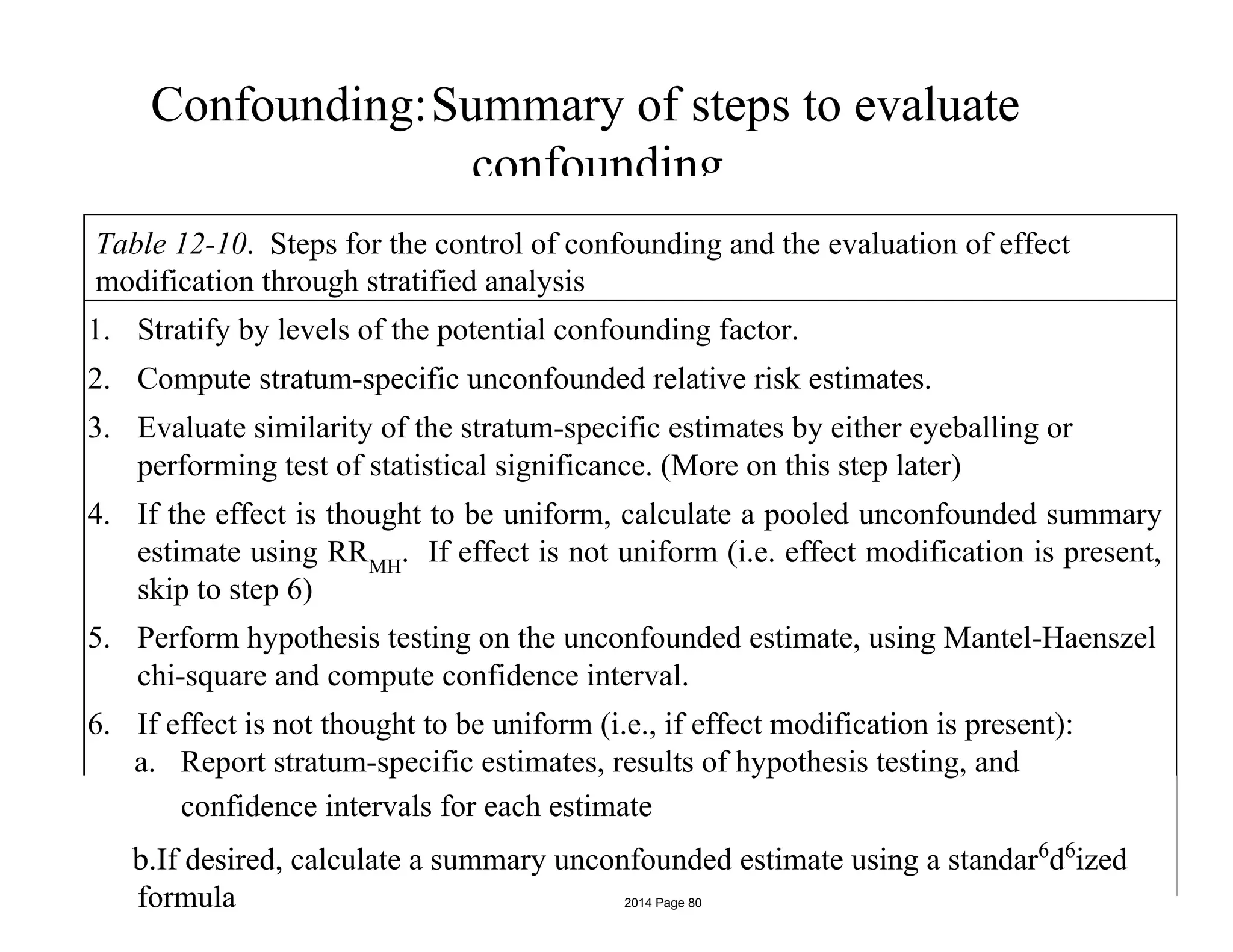 Confounding:Summary of steps to evaluate
confounding
Table 12-10. Steps for the control of confounding and the evaluation of effect
modification through stratified analysis
1. Stratify by levels of the potential confounding factor.
2. Compute stratum-specific unconfounded relative risk estimates.
3. Evaluate similarity of the stratum-specific estimates by either eyeballing or
performing test of statistical significance. (More on this step later)
4. If the effect is thought to be uniform, calculate a pooled unconfounded summary
estimate using RRMH
. If effect is not uniform (i.e. effect modification is present,
skip to step 6)
5. Perform hypothesis testing on the unconfounded estimate, using Mantel-Haenszel
chi-square and compute confidence interval.
6. If effect is not thought to be uniform (i.e., if effect modification is present):
a. Report stratum-specific estimates, results of hypothesis testing, and
confidence intervals for each estimate
b.If desired, calculate a summary unconfounded estimate using a standar6
d6
ized
formula 2014 Page 80
 