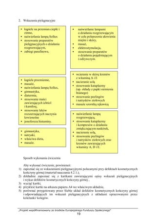 „Projekt współfinansowany ze środków Europejskiego Funduszu Społecznego”
19
2. Wskazania pielęgnacyjne
Sposób wykonania ćwiczenia
Aby wykonać ćwiczenie, powinieneś:
1) zapoznać się ze wskazaniami pielęgnacyjnymi polecanymi przy defektach kosmetycznych
kończyny górnej (materiał nauczania 4.2.1.),
2) dokładnie zapoznać się z kartkami zawierającymi opisy wskazań pielęgnacyjnych
i wykaz defektów kosmetycznych kończyny górnej ,
3) wyciąć kartki,
4) przykleić kartki na arkuszu papieru A4 we właściwym układzie,
5) porównać przygotowany przez Siebie układ defektów kosmetycznych kończyny górnej
i odpowiadających im wskazań pielęgnacyjnych z układami opracowanymi przez
koleżanki/ kolegów.
• wcieranie w skórę kremów
z witaminą A i E
• nacieranie solą
• stosowanie kataplazmy
(np. okłady z papki siemienia
lnianego)
• stosowanie peelingów
i natrysków ziołowych
• masaże szorstką rękawicą
• naświetlanie lampami
o działaniu rozgrzewającym
w celu polepszenia ukrwienia
mięśni i skóry,
• masaż,
• elektrostymulacja,
• stosowanie preparatów
o działaniu pojędrniającym
i odżywczym.
• gimnastyka,
• natryski,
• właściwa dieta,
• masaże.
• naświetlanie lampą
rozgrzewającą,
• stosowanie kataplazmy
i kompresów o działaniu
zmiękczającym naskórek,
• nacieranie solą,
• stosowanie peelingów
i natrysków ziołowych oraz
kremów zawierających
witaminy A, D i E.
• kąpiele przemienne,
• masaże,
• naświetlania lampą Sollux,
• gimnastyka,
• diatermia,
• stosowanie maści
zawierających ichtiol
i kamforę,
• stosowanie leków
rozszerzających naczynia
krwionośne
• jonoforeza histaminy.
• kąpiele na przemian ciepłe i
zimne,
• naświetlania lampą Sollux
• stosowanie preparatów
pielęgnacyjnych o działaniu
rozgrzewającym,
• zabiegi parafinowe,
 