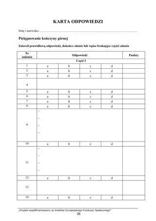 „Projekt współfinansowany ze środków Europejskiego Funduszu Społecznego”
36
KARTA ODPOWIEDZI
Imię i nazwisko………………………………………………………………………………….
Pielęgnowanie kończyny górnej
Zakreśl prawidłową odpowiedź, dokończ zdanie lub wpisz brakujące części zdania
Nr
zadania
Odpowiedź Punkty
Część I
1 a b c d
2 a b c d
3 a b c d
4
5 a b c d
6 a b c d
7 a b c d
8 a b c d
9
-
-
-
-
10 a b c d
11
-
-
-
-
12 a b c d
13
14 a b c d
 