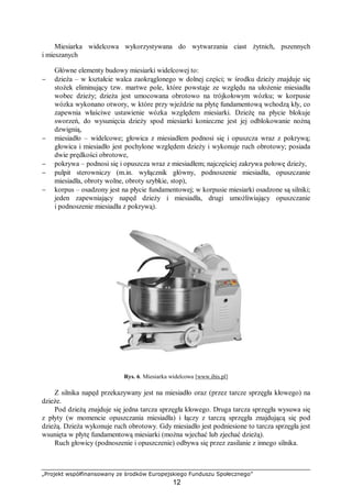 „Projekt współfinansowany ze środków Europejskiego Funduszu Społecznego”
12
Miesiarka widelcowa wykorzystywana do wytwarzania ciast żytnich, pszennych
i mieszanych
Główne elementy budowy miesiarki widelcowej to:
− dzieża – w kształcie walca zaokrąglonego w dolnej części; w środku dzieży znajduje się
stożek eliminujący tzw. martwe pole, które powstaje ze względu na ułożenie miesiadła
wobec dzieży; dzieża jest umocowana obrotowo na trójkołowym wózku; w korpusie
wózka wykonano otwory, w które przy wjeździe na płytę fundamentową wchodzą kły, co
zapewnia właściwe ustawienie wózka względem miesiarki. Dzieżę na płycie blokuje
sworzeń, do wysunięcia dzieży spod miesiarki konieczne jest jej odblokowanie nożną
dzwignią,
− miesiadło – widelcowe; głowica z miesiadłem podnosi się i opuszcza wraz z pokrywą;
głowica i miesiadło jest pochylone względem dzieży i wykonuje ruch obrotowy; posiada
dwie prędkości obrotowe,
− pokrywa – podnosi się i opuszcza wraz z miesiadłem; najczęściej zakrywa połowę dzieży,
− pulpit sterowniczy (m.in. wyłącznik główny, podnoszenie miesiadła, opuszczanie
miesiadła, obroty wolne, obroty szybkie, stop),
− korpus – osadzony jest na płycie fundamentowej; w korpusie miesiarki osadzone są silniki;
jeden zapewniający napęd dzieży i miesiadła, drugi umożliwiający opuszczanie
i podnoszenie miesiadła z pokrywą).
Rys. 6. Miesiarka widelcowa [www.ibis.pl]
Z silnika napęd przekazywany jest na miesiadło oraz (przez tarcze sprzęgła kłowego) na
dzieże.
Pod dzieżą znajduje się jedna tarcza sprzęgła kłowego. Druga tarcza sprzęgła wysuwa się
z płyty (w momencie opuszczania miesiadła) i łączy z tarczą sprzęgła znajdującą się pod
dzieżą. Dzieża wykonuje ruch obrotowy. Gdy miesiadło jest podniesione to tarcza sprzęgła jest
wsunięta w płytę fundamentową miesiarki (można wjechać lub zjechać dzieżą).
Ruch głowicy (podnoszenie i opuszczenie) odbywa się przez zasilanie z innego silnika.
 