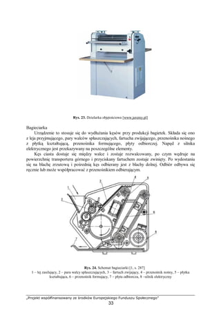 „Projekt współfinansowany ze środków Europejskiego Funduszu Społecznego”
33
Rys. 23. Dzielarka objętościowa [www.jeremy.pl]
Bagieciarka
Urządzenie to stosuje się do wydłużania kęsów przy produkcji bagietek. Składa się ono
z leja przyjmującego, pary walców spłaszczających, fartucha zwijającego, przenośnika nośnego
z płytką kształtującą, przenośnika formującego, płyty odbiorczej. Napęd z silnika
elektrycznego jest przekazywany na poszczególne elementy.
Kęs ciasta dostaje się między walce i zostaje rozwalcowany, po czym wędruje na
powierzchnię transportera górnego i przyciskany fartuchem zostaje zwinięty. Po wydostaniu
się na blachę zrzutową i pośrednią kęs odbierany jest z blachy dolnej. Odbiór odbywa się
ręcznie lub może współpracować z przenośnikiem odbierającym.
Rys. 24. Schemat bagieciarki [1, s. 287]
1 – lej zasilający, 2 – para walcy spłaszczających, 3 – fartuch zwijający, 4 – przenośnik nośny, 5 – płytka
kształtująca, 6 – przenośnik formujący, 7 – płyta odbiorcza, 8 –silnik elektryczny
 