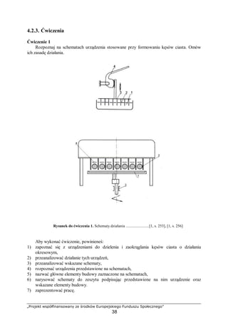 „Projekt współfinansowany ze środków Europejskiego Funduszu Społecznego”
38
4.2.3. Ćwiczenia
Ćwiczenie 1
Rozpoznaj na schematach urządzenia stosowane przy formowaniu kęsów ciasta. Omów
ich zasadę działania.
Rysunek do ćwiczenia 1. Schematy działania .......................[1, s. 253], [1, s. 256]
Aby wykonać ćwiczenie, powinieneś:
1) zapoznać się z urządzeniami do dzielenia i zaokrąglania kęsów ciasta o działaniu
okresowym,
2) przeanalizować działanie tych urządzeń,
3) przeanalizować wskazane schematy,
4) rozpoznać urządzenia przedstawione na schematach,
5) nazwać główne elementy budowy zaznaczone na schematach,
6) narysować schematy do zeszytu podpisując przedstawione na nim urządzenie oraz
wskazane elementy budowy.
7) zaprezentować pracę.
 