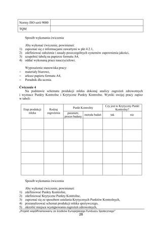 „Projekt współfinansowany ze środków Europejskiego Funduszu Społecznego”
28
Normy ISO serii 9000
TQM
Sposób wykonania ćwiczenia
Aby wykonać ćwiczenie, powinieneś:
1) zapoznać się z informacjami zawartymi w pkt 4.2.1,
2) zdefiniować założenia i zasady poszczególnych systemów zapewnienia jakości,
3) uzupełnić tabelę na papierze formatu A4,
4) oddać wykonaną prace nauczycielowi.
Wyposażenie stanowiska pracy:
− materiały biurowe,
− arkusz papieru formatu A4,
− Poradnik dla ucznia.
Ćwiczenie 4
Na podstawie schematu produkcji mleka dokonaj analizy zagrożeń zdrowotnych
i wyznacz Punkty Kontrolne i Krytyczne Punkty Kontrolne. Wyniki swojej pracy zapisz
w tabeli:
Punkt Kontrolny
Czy jest to Krytyczny Punkt
Kontrolny?Etap produkcji
mleka
Rodzaj
zagrożenia parametr,
proces badany
metoda badań tak nie
Sposób wykonania ćwiczenia
Aby wykonać ćwiczenie, powinieneś:
1) zdefiniować Punkty Kontrolne,
2) zdefiniować Krytyczne Punkty Kontrolne,
3) zapoznać się ze sposobem ustalania Krytycznych Punktów Kontrolnych,
4) przeanalizować schemat produkcji mleka spożywczego,
5) określić miejsca występowania zagrożeń zdrowotnych,
 