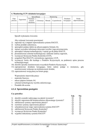 „Projekt współfinansowany ze środków Europejskiego Funduszu Społecznego”
30
4. Monitoring CCP i działania korygujące
Specyfikacja Monitoring
Etap
procesu
Zagrożenie
Parametr,
wartość
docelowa
Tolerancja Metoda Częstotliwość
Działania
korygujące
Osoba
odpowiedzialna
Sposób wykonania ćwiczenia
Aby wykonać ćwiczenie powinieneś:
1) zapoznać się z etapami wprowadzania systemu HACCP,
2) wybrać produkt cukierniczy,
3) sporządzić podane tabele na arkuszu papieru formatu A4,
4) wpisać wszystkie informacje dotyczące wyrobu i jego przeznaczenia,
5) sporządzić schemat technologiczny i wpisać go do planu HACCP,
6) przeanalizować schemat technologiczny i dokonać analizy zagrożeń,
7) wyznaczyć Krytyczne Punkty Kontrolne (CCP),
8) uzupełnić Plan HACCP o stwierdzone zagrożenia i CCP,
9) wyznaczyć limity dla każdego z Punktów Krytycznych, na podstawie opisu procesu
technologicznego,
10) określić sposoby monitorowania wszystkich Punktów Krytycznych,
11) zaproponować działania korygujące, które należy podjąć w momencie, gdy
monitorowanie wskazuje na nieskuteczność działań,
12) zaprezentować swoją pracę na forum grupy.
Wyposażenie stanowiska pracy:
− materiały biurowe,
− arkusz papieru formatu A4,
− schemat technologiczny wyrobu cukierniczego,
− Poradnik dla ucznia.
4.1.4. Sprawdzian postępów
Czy potrafisz:
Tak Nie
1) określić czynniki wpływające na jakość żywności? ! !
2) określić zagrożenia dal bezpieczeństwa zdrowotnego żywności? ! !
3) zdefiniować systemy zapewnienia jakości? ! !
4) rozróżnić systemy zapewnienia jakości? ! !
5) scharakteryzować etapy wprowadzenia systemu HACCP? ! !
6) zdefiniować Krytyczne Punkty Kontrolne? ! !
7) wyznaczyć Krytyczne Punkty Kontrolne? ! !
8) wypełnić dokumenty systemu HACCP? ! !
 