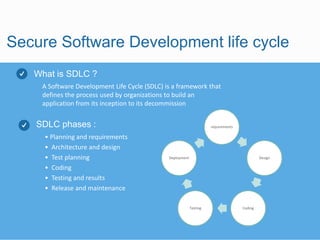 Put a relevant subtitle in this line about your businessSecure Software Development life cycle
A Software Development Life Cycle (SDLC) is a framework that
defines the process used by organizations to build an
application from its inception to its decommission
What is SDLC ?
SDLC phases :
• Planning and requirements
• Architecture and design
• Test planning
• Coding
• Testing and results
• Release and maintenance
requirements
Design
CodingTesting
Deployment
 