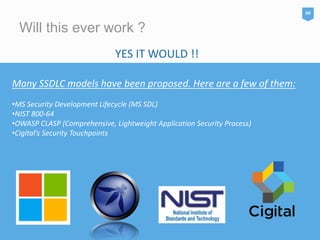 Will this ever work ?
YES IT WOULD !!
Many SSDLC models have been proposed. Here are a few of them:
•MS Security Development Lifecycle (MS SDL)
•NIST 800-64
•OWASP CLASP (Comprehensive, Lightweight Application Security Process)
•Cigital’s Security Touchpoints
09
 