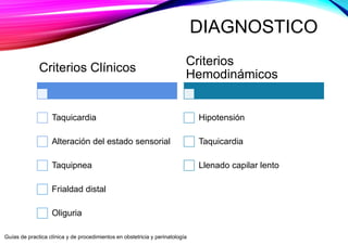 DIAGNOSTICO
Criterios Clínicos
Taquicardia
Alteración del estado sensorial
Taquipnea
Frialdad distal
Oliguria
Criterios
He...