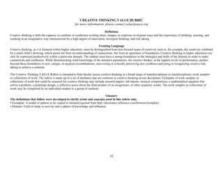 33
CREATIVE THINKING VALUE RUBRIC
for more information, please contact value@aacu.org
Definition
Creative thinking is both the capacity to combine or synthesize existing ideas, images, or expertise in original ways and the experience of thinking, reacting, and
working in an imaginative way characterized by a high degree of innovation, divergent thinking, and risk taking.
Framing Language
Creative thinking, as it is fostered within higher education, must be distinguished from less focused types of creativity such as, for example, the creativity exhibited
by a small child’s drawing, which stems not from an understanding of connections, but from an ignorance of boundaries. Creative thinking in higher education can
only be expressed productively within a particular domain. The student must have a strong foundation in the strategies and skills of the domain in order to make
connections and synthesize. While demonstrating solid knowledge of the domain's parameters, the creative thinker, at the highest levels of performance, pushes
beyond those boundaries in new, unique, or atypical recombinations, uncovering or critically perceiving new syntheses and using or recognizing creative risk-
taking to achieve a solution.
The Creative Thinking VALUE Rubric is intended to help faculty assess creative thinking in a broad range of transdisciplinary or interdisciplinary work samples
or collections of work. The rubric is made up of a set of attributes that are common to creative thinking across disciplines. Examples of work samples or
collections of work that could be assessed for creative thinking may include research papers, lab reports, musical compositions, a mathematical equation that
solves a problem, a prototype design, a reflective piece about the final product of an assignment, or other academic works. The work samples or collections of
work may be completed by an individual student or a group of students.
Glossary
The definitions that follow were developed to clarify terms and concepts used in this rubric only.
• Exemplar: A model or pattern to be copied or imitated (quoted from http://dictionary.reference.com/browse/exemplar).
• Domain: Field of study or activity and a sphere of knowledge and influence.
 