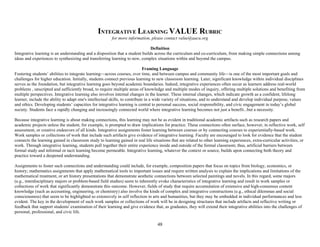 48
INTEGRATIVE LEARNING VALUE RUBRIC
for more information, please contact value@aacu.org
Definition
Integrative learning is an understanding and a disposition that a student builds across the curriculum and co-curriculum, from making simple connections among
ideas and experiences to synthesizing and transferring learning to new, complex situations within and beyond the campus.
Framing Language
Fostering students’ abilities to integrate learning—across courses, over time, and between campus and community life—is one of the most important goals and
challenges for higher education. Initially, students connect previous learning to new classroom learning. Later, significant knowledge within individual disciplines
serves as the foundation, but integrative learning goes beyond academic boundaries. Indeed, integrative experiences often occur as learners address real-world
problems , unscripted and sufficiently broad, to require multiple areas of knowledge and multiple modes of inquiry, offering multiple solutions and benefiting from
multiple perspectives. Integrative learning also involves internal changes in the learner. These internal changes, which indicate growth as a confident, lifelong
learner, include the ability to adapt one's intellectual skills, to contribute in a wide variety of situations, and to understand and develop individual purpose, values
and ethics. Developing students’ capacities for integrative learning is central to personal success, social responsibility, and civic engagement in today’s global
society. Students face a rapidly changing and increasingly connected world where integrative learning becomes not just a benefit...but a necessity.
Because integrative learning is about making connections, this learning may not be as evident in traditional academic artifacts such as research papers and
academic projects unless the student, for example, is prompted to draw implications for practice. These connections often surface, however, in reflective work, self
assessment, or creative endeavors of all kinds. Integrative assignments foster learning between courses or by connecting courses to experientially-based work.
Work samples or collections of work that include such artifacts give evidence of integrative learning. Faculty are encouraged to look for evidence that the student
connects the learning gained in classroom study to learning gained in real life situations that are related to other learning experiences, extra-curricular activities, or
work. Through integrative learning, students pull together their entire experience inside and outside of the formal classroom; thus, artificial barriers between
formal study and informal or tacit learning become permeable. Integrative learning, whatever the context or source, builds upon connecting both theory and
practice toward a deepened understanding.
Assignments to foster such connections and understanding could include, for example, composition papers that focus on topics from biology, economics, or
history; mathematics assignments that apply mathematical tools to important issues and require written analysis to explain the implications and limitations of the
mathematical treatment, or art history presentations that demonstrate aesthetic connections between selected paintings and novels. In this regard, some majors
(e.g., interdisciplinary majors or problem-based field studies) seem to inherently evoke characteristics of integrative learning and result in work samples or
collections of work that significantly demonstrate this outcome. However, fields of study that require accumulation of extensive and high-consensus content
knowledge (such as accounting, engineering, or chemistry) also involve the kinds of complex and integrative constructions (e.g., ethical dilemmas and social
consciousness) that seem to be highlighted so extensively in self reflection in arts and humanities, but they may be embedded in individual performances and less
evident. The key in the development of such work samples or collections of work will be in designing structures that include artifacts and reflective writing or
feedback that support students' examination of their learning and give evidence that, as graduates, they will extend their integrative abilities into the challenges of
personal, professional, and civic life.
 