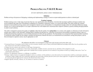 59
PROBLEM SOLVING VALUE RUBRIC
for more information, please contact value@aacu.org
Definition
Problem solving is the process of designing, evaluating and implementing a strategy to answer an open-ended question or achieve a desired goal.
Framing Language
Problem-solving covers a wide range of activities that may vary significantly across disciplines. Activities that encompass problem-solving by students may
involve problems that range from well-defined to ambiguous in a simulated or laboratory context, or in real-world settings. This rubric distills the common
elements of most problem-solving contexts and is designed to function across all disciplines. It is broad-based enough to allow for individual differences among
learners, yet is concise and descriptive in its scope to determine how well students have maximized their respective abilities to practice thinking through problems
in order to reach solutions.
This rubric is designed to measure the quality of a process, rather than the quality of an end-product. As a result, work samples or collections of work will need to
include some evidence of the individual’s thinking about a problem-solving task (e.g., reflections on the process from problem to proposed solution; steps in a
problem-based learning assignment; record of think-aloud protocol while solving a problem). The final product of an assignment that required problem resolution
is insufficient without insight into the student’s problem-solving process. Because the focus is on institutional level assessment, scoring team projects, such as
those developed in capstone courses, may be appropriate as well.
Glossary
The definitions that follow were developed to clarify terms and concepts used in this rubric only.
• Contextual Factors: Constraints (such as limits on cost), resources, attitudes (such as biases) and desired additional knowledge which affect how the problem can be
best solved in the real world or simulated setting.
• Critique: Involves analysis and synthesis of a full range of perspectives.
• Feasible: Workable, in consideration of time-frame, functionality, available resources, necessary buy-in, and limits of the assignment or task.
• “Off the shelf ”solution: A simplistic option that is familiar from everyday experience but not tailored to the problem at hand (e.g. holding a bake sale to "save" an
underfunded public library).
• Solution: An appropriate response to a challenge or a problem.
• Strategy: A plan of action or an approach designed to arrive at a solution. ( If the problem is a river that needs to be crossed, there could be a construction-oriented,
cooperative (build a bridge with your community) approach and a personally-oriented, physical (swim across alone) approach. An approach that partially applies would
be a personal, physical approach for someone who doesn't know how to swim.
• Support: Specific rationale, evidence, etc. for solution or selection of solution.
 
