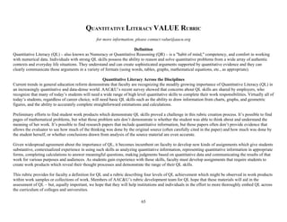 65
QUANTITATIVE LITERACY VALUE RUBRIC
for more information, please contact value@aacu.org
Definition
Quantitative Literacy (QL) – also known as Numeracy or Quantitative Reasoning (QR) – is a "habit of mind," competency, and comfort in working
with numerical data. Individuals with strong QL skills possess the ability to reason and solve quantitative problems from a wide array of authentic
contexts and everyday life situations. They understand and can create sophisticated arguments supported by quantitative evidence and they can
clearly communicate those arguments in a variety of formats (using words, tables, graphs, mathematical equations, etc., as appropriate).
Quantitative Literacy Across the Disciplines
Current trends in general education reform demonstrate that faculty are recognizing the steadily growing importance of Quantitative Literacy (QL) in
an increasingly quantitative and data-dense world. AAC&U’s recent survey showed that concerns about QL skills are shared by employers, who
recognize that many of today’s students will need a wide range of high level quantitative skills to complete their work responsibilities. Virtually all of
today’s students, regardless of career choice, will need basic QL skills such as the ability to draw information from charts, graphs, and geometric
figures, and the ability to accurately complete straightforward estimations and calculations.
Preliminary efforts to find student work products which demonstrate QL skills proved a challenge in this rubric creation process. It’s possible to find
pages of mathematical problems, but what those problem sets don’t demonstrate is whether the student was able to think about and understand the
meaning of her work. It’s possible to find research papers that include quantitative information, but those papers often don’t provide evidence that
allows the evaluator to see how much of the thinking was done by the original source (often carefully cited in the paper) and how much was done by
the student herself, or whether conclusions drawn from analysis of the source material are even accurate.
Given widespread agreement about the importance of QL, it becomes incumbent on faculty to develop new kinds of assignments which give students
substantive, contextualized experience in using such skills as analyzing quantitative information, representing quantitative information in appropriate
forms, completing calculations to answer meaningful questions, making judgments based on quantitative data and communicating the results of that
work for various purposes and audiences. As students gain experience with those skills, faculty must develop assignments that require students to
create work products which reveal their thought processes and demonstrate the range of their QL skills.
This rubric provides for faculty a definition for QL and a rubric describing four levels of QL achievement which might be observed in work products
within work samples or collections of work. Members of AAC&U’s rubric development team for QL hope that these materials will aid in the
assessment of QL – but, equally important, we hope that they will help institutions and individuals in the effort to more thoroughly embed QL across
the curriculum of colleges and universities.
 