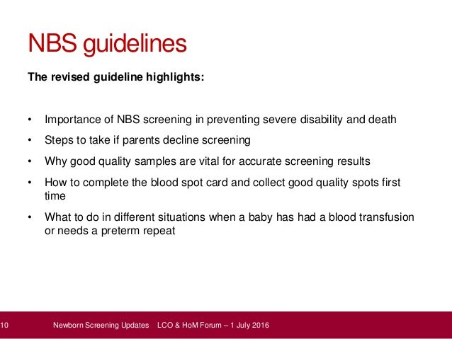 standards data sampling 4. updates Newborn screening