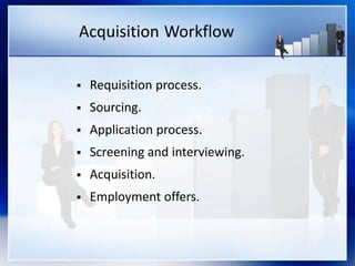 Acquisition Workflow
 Requisition process.
 Sourcing.
 Application process.
 Screening and interviewing.
 Acquisition.
 Employment offers.
 