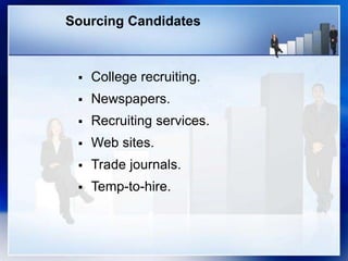 Sourcing Candidates
 College recruiting.
 Newspapers.
 Recruiting services.
 Web sites.
 Trade journals.
 Temp-to-hire.
 