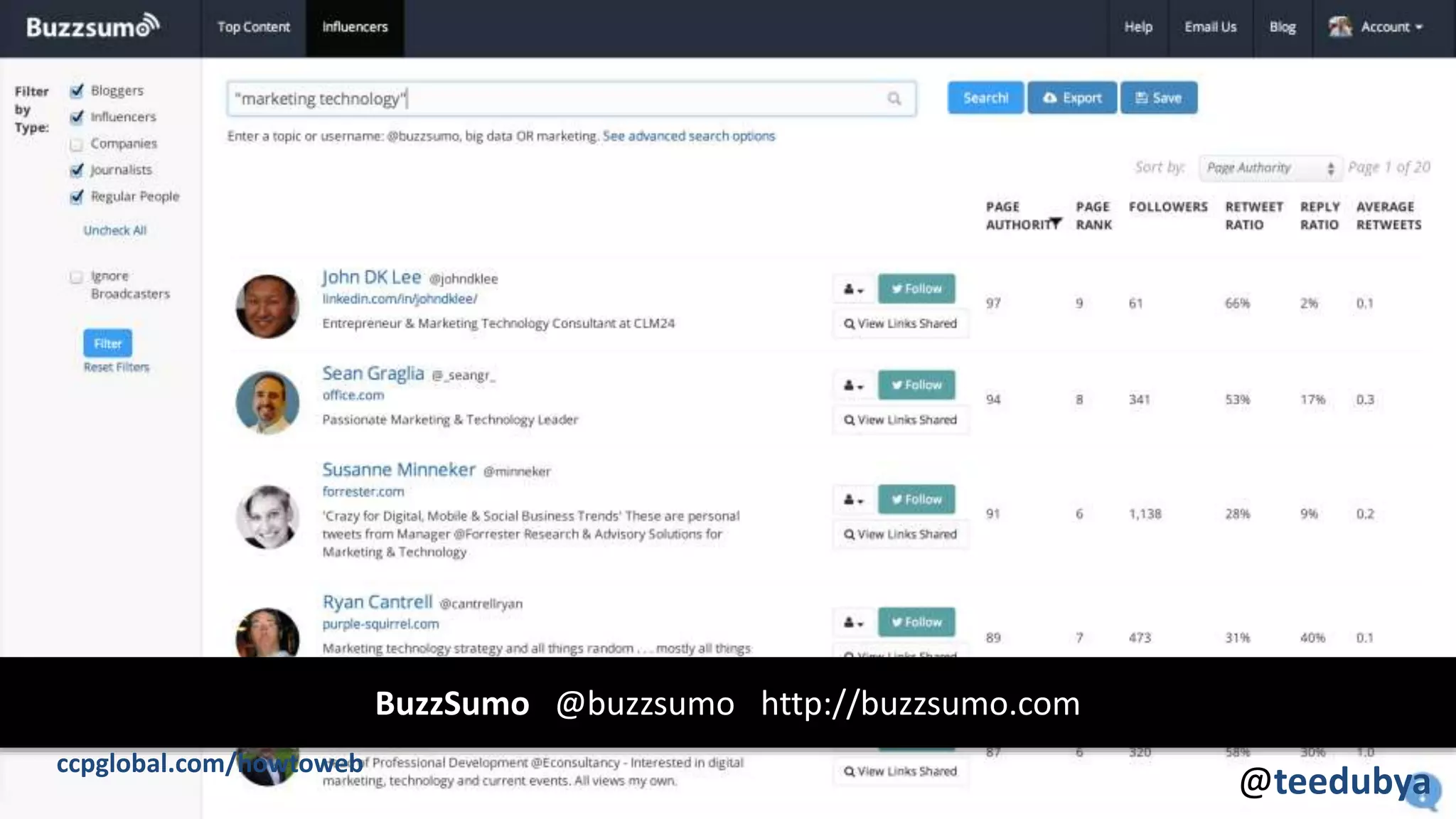 @teedubya
BuzzSumo @buzzsumo http://buzzsumo.com
ccpglobal.com/howtoweb
 