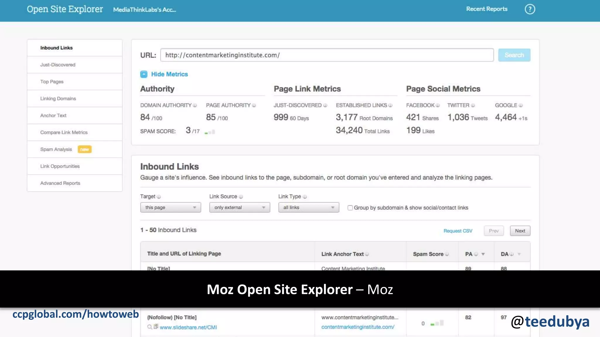 Moz Open Site Explorer – Moz
ccpglobal.com/howtoweb
@teedubya
 