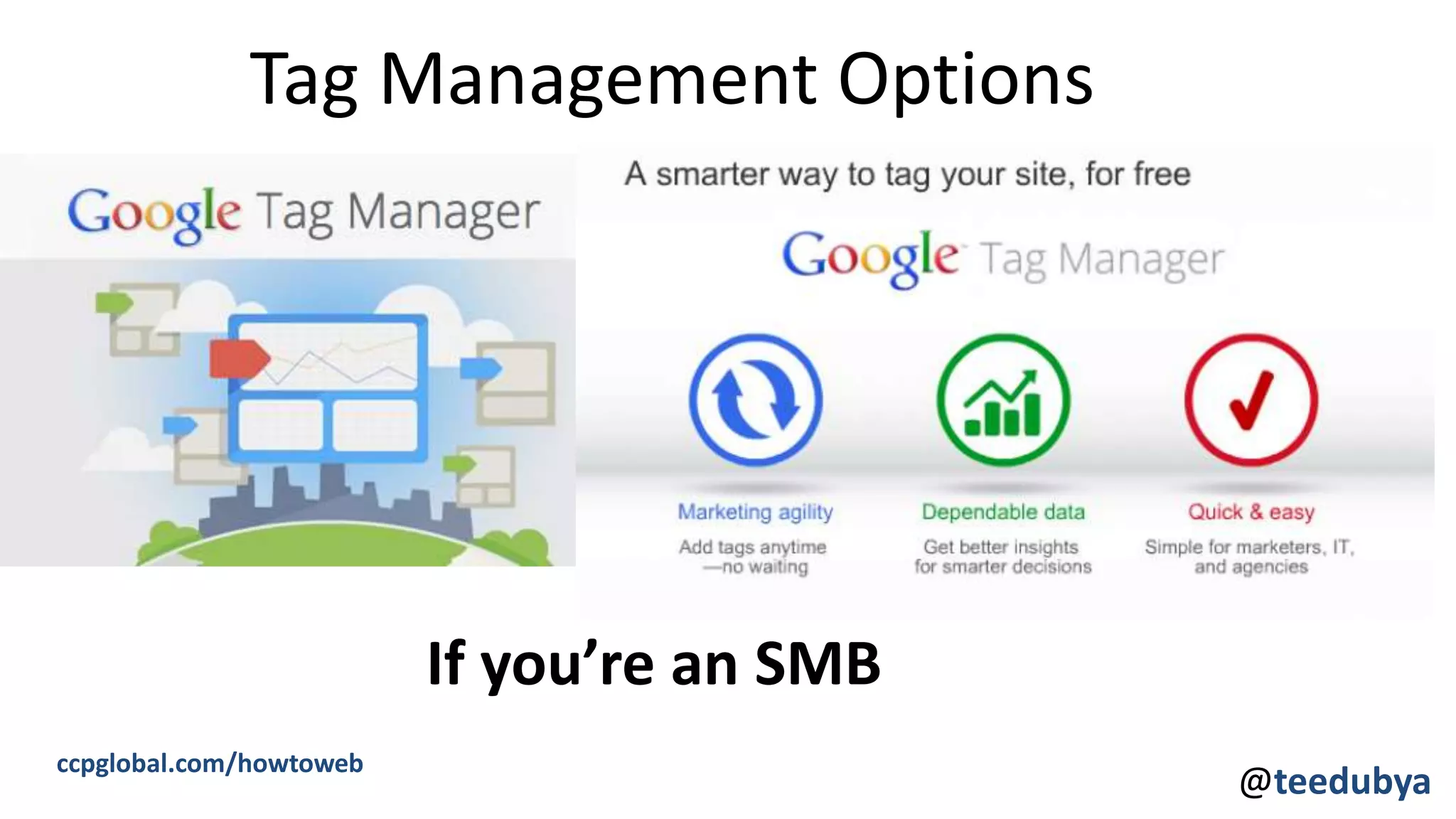 Tag Management Options
If you’re an SMB
ccpglobal.com/howtoweb
@teedubya
 
