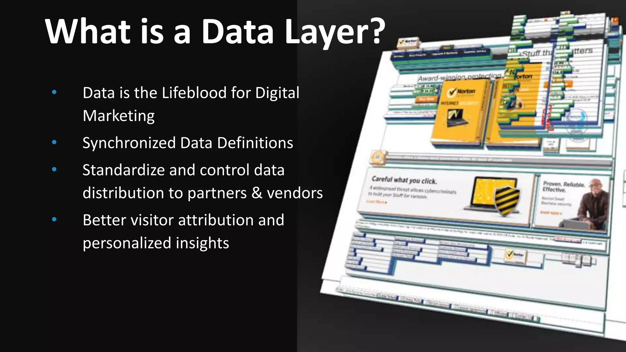 • Data is the Lifeblood for Digital
Marketing
• Synchronized Data Definitions
• Standardize and control data
distribution to partners & vendors
• Better visitor attribution and
personalized insights
What is a Data Layer?
 