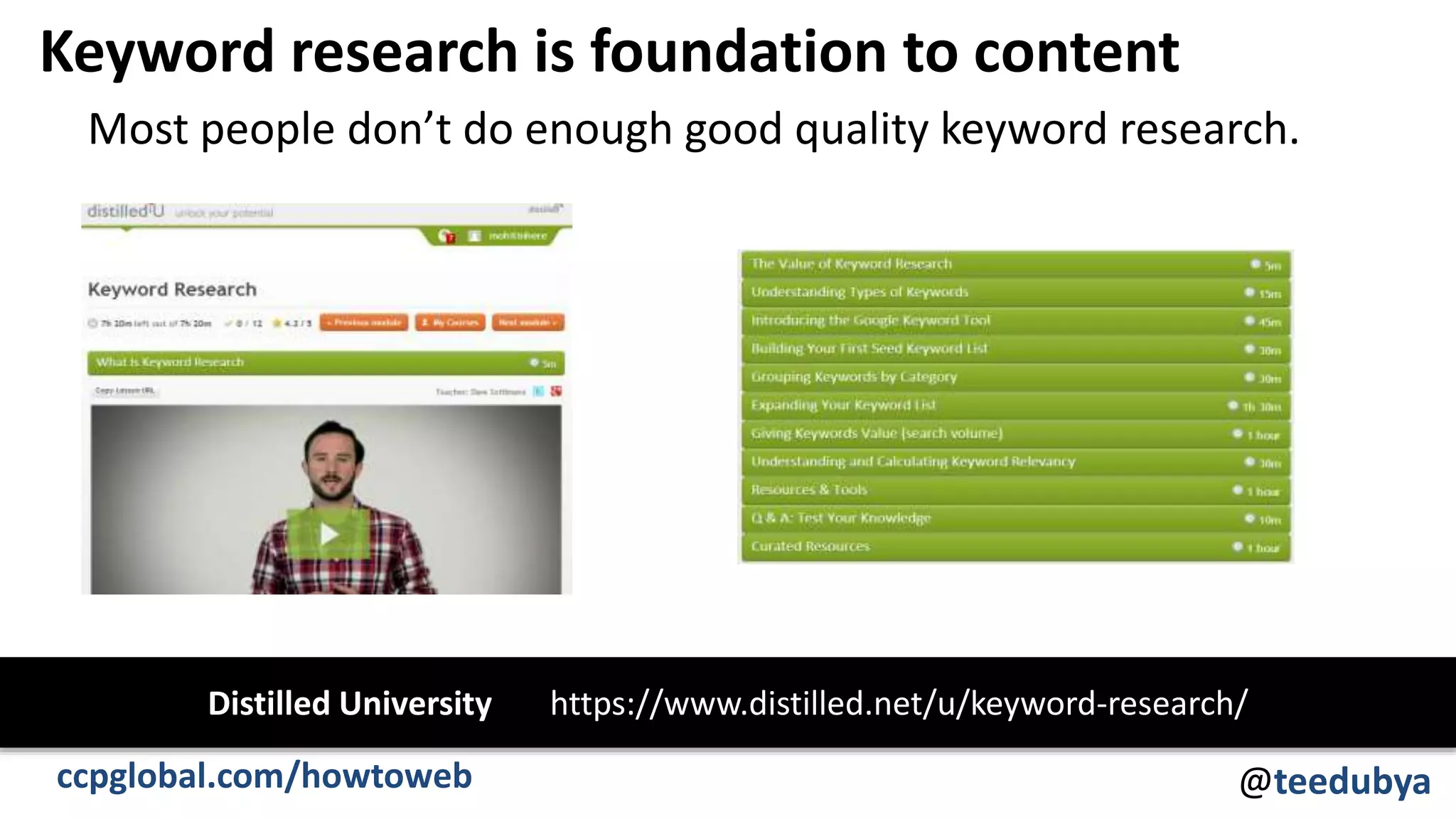Keyword research is foundation to content
Most people don’t do enough good quality keyword research.
@teedubyaccpglobal.com/howtoweb
Distilled University https://www.distilled.net/u/keyword-research/
 