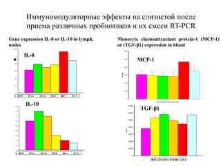 Иммуномодуляторные эффекты на слизистой после
приема различных пробиотиков и их смеси RT-PCR
Gene expression IL-8 or IL-10 in lymph.
nodes
• крыс
Monocyte chemoattractant protein-1 (MCP-1)
or (TGF-β1) expression in blood
0
2000
4000
6000
8000
10000
12000
пг/мл
ЛБ БФ Энт Смесь К1 К2
IL-8
IL-10
МCP-1
TGF-β1
 