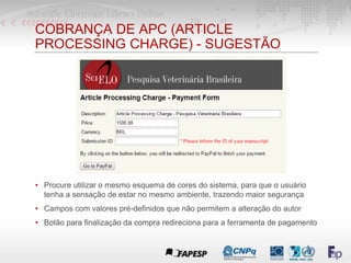 COBRANÇA DE APC (ARTICLE
PROCESSING CHARGE) - SUGESTÃO
• Procure utilizar o mesmo esquema de cores do sistema, para que o usuário
tenha a sensação de estar no mesmo ambiente, trazendo maior segurança
• Campos com valores pré-definidos que não permitem a alteração do autor
• Botão para finalização da compra redireciona para a ferramenta de pagamento
 