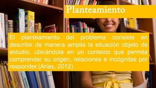 El planteamiento del problema consiste en
describir de manera amplia la situación objeto de
estudio, ubicándola en un contexto que permita
comprender su origen, relaciones e incógnitas por
responder.(Arias, 2012)
Planteamiento
 