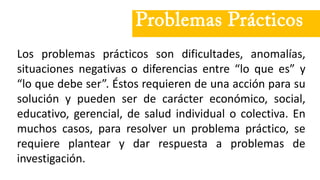 Los problemas prácticos son dificultades, anomalías,
situaciones negativas o diferencias entre “lo que es” y
“lo que debe ser”. Éstos requieren de una acción para su
solución y pueden ser de carácter económico, social,
educativo, gerencial, de salud individual o colectiva. En
muchos casos, para resolver un problema práctico, se
requiere plantear y dar respuesta a problemas de
investigación.
Problemas Prácticos
 