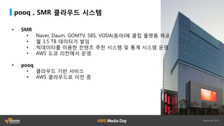 pooq , SMR 클라우드 시스템
• SMR
• Naver, Daum, GOMTV, SBS, VODA(동아)에 클립 플랫폼 제공
• 월 3.5 TB 데이터가 쌓임
• 빅데이터를 이용한 컨텐츠 추천 시스템 및 통계 시스템 운영
• AWS 도쿄 리전에서 운영
• pooq
• 클라우드 기반 서비스
• AWS 클라우드로 이전 중
 