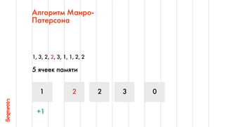 39
Алгоритм Манро-
Патерсона
1, 3, 2, 2, 3, 1, 1, 2, 2
5 ячеек памяти
1 02 2 3
+1
 