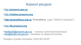 Корисні ресурси
 http://prozorro.gov.ua
 http://Infobox.prozorro.org
 http://prometheus.org.ua Рrometheus (курс “Публічні закупівлі”)
 http://Bi.prozorro.org
 feedback@prozorro.gov.ua – загальні запитання/пропозиції
 edu@tender.me.gov.ua – навчання та зворотній зв’язок
Телефон служби підтримки: (044) 281-42-87
 