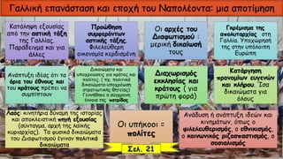 Γαλλική επανάσταση και εποχή του Ναπολέοντα: μια αποτίμηση
Κατάληψη εξουσίας
από την αστική τάξη
της Γαλλίας.
Παράδειγμα και για
άλλες
Προώθηση
συμφερόντων
αστικής τάξης.
Φιλελεύθερη
οικονομία κερδισμένη
Οι αρχές του
Διαφωτισμού :
μερική δικαίωσή
τους
Γκρέμισμα της
απολυταρχίας στη
Γαλλία. Υποχώρησή
της στην υπόλοιπη
Ευρώπη
Ανάπτυξη ιδέας ότι τα
όρια του έθνους και
του κράτους πρέπει να
συμπίπτουν
Δικαιώματα και
υποχρεώσεις για κράτος και
πολίτες. ( πχ. πολιτικά
δικαιώματα-υποχρέωση
στρατιωτικής θητείας)
Γεννήθηκε η σύγχρονη
έννοια της πατρίδας
Διαχωρισμός
εκκλησίας και
κράτους ( για
πρώτη φορά)
Κατάργηση
προνομίων ευγενών
και κλήρου. Ίσα
δικαιώματα για
όλους
Λαός: κινητήρια δύναμη της ιστορίας
και αποκλειστική πηγή εξουσίας
(σύνταγμα, αρχή της λαϊκής
κυριαρχίας). Τα φυσικά δικαιώματα
του Διαφωτισμού έγιναν πολιτικά
δικαιώματα
Οι υπήκοοι =
πολίτες
Ανάδυση ή ανάπτυξη ιδεών και
κινημάτων, όπως ο
φιλελευθερισμός, ο εθνικισμός,
ο κοινωνικός ριζοσπαστισμός, ο
σοσιαλισμός
Σελ. 21
 