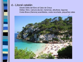 d.- Litoral catalán
Desde Delta del Ebro al Cabo de Creus
Deltas: Ebro. Llanura aluvial, marismas, albuferas, lagunas
Costa Brava (Gerona) acantilados, costa recortada, pequeñas calas
 