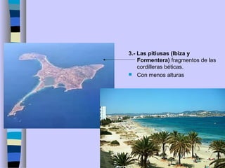 3.- Las pitiusas (Ibiza y
Formentera) fragmentos de las
cordilleras béticas.
 Con menos alturas
 