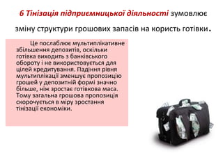 6 Тінізація підприємницької діяльності зумовлює
зміну структури грошових запасів на користь готівки.
Це послаблює мультиплікативне
збільшення депозитів, оскільки
готівка виходить з банківського
обороту і не використовується для
цілей кредитування. Падіння рівня
мультиплікації зменшує пропозицію
грошей у депозитній формі значно
більше, ніж зростає готівкова маса.
Тому загальна грошова пропозиція
скорочується в міру зростання
тінізації економіки.
 