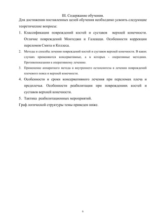 III. Содержание обучения.
Для достижения поставленных целей обучения необходимо усвоить следующие
теоретические вопросы:
1. Классификации повреждений костей и суставов верхней конечности.
Отличие повреждений Монтеджи и Галеацци. Особенности коррекции
переломов Смита и Коллеса.
2. Методы и способы лечения повреждений костей и суставов верхней конечности. В каких
случаях применяются консервативные, а в которых - оперативные методики.
Противопоказания к оперативному лечению.
3. Применение аппаратного метода и внутреннего остеосинтеза в лечении повреждений
плечевого пояса и верхней конечности.
4. Особенности и сроки консервативного лечения при переломах плеча и
предплечья. Особенности реабилитации при повреждениях костей и
суставов верхней конечности.
5. Тактика реабилитационных мероприятий.
Граф логической структуры темы приведен ниже.
6
 