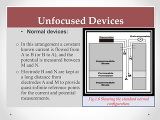 Unfocused Devices
• Normal devices:
o In this arrangement a constant
known current is flowed from
A to B (or B to A), and the
potential is measured between
M and N.
o Electrode B and N are kept at
a long distance from
electrodes A and M to provide
quasi-infinite reference points
for the current and potential
measurements. Fig 1.8 Showing the standard normal
configuration.
 