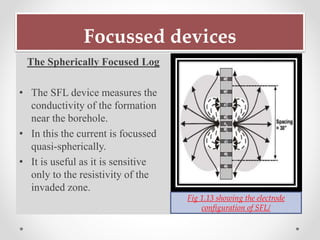 Focussed devices
The Spherically Focused Log
• The SFL device measures the
conductivity of the formation
near the borehole.
• In this the current is focussed
quasi-spherically.
• It is useful as it is sensitive
only to the resistivity of the
invaded zone.
Fig 1.13 showing the electrode
configuration of SFL/
 