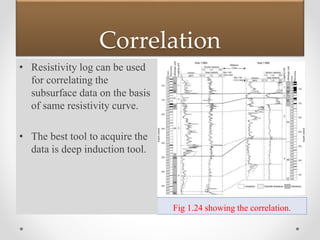 Correlation
Fig 1.24 showing the correlation.
• Resistivity log can be used
for correlating the
subsurface data on the basis
of same resistivity curve.
• The best tool to acquire the
data is deep induction tool.
 