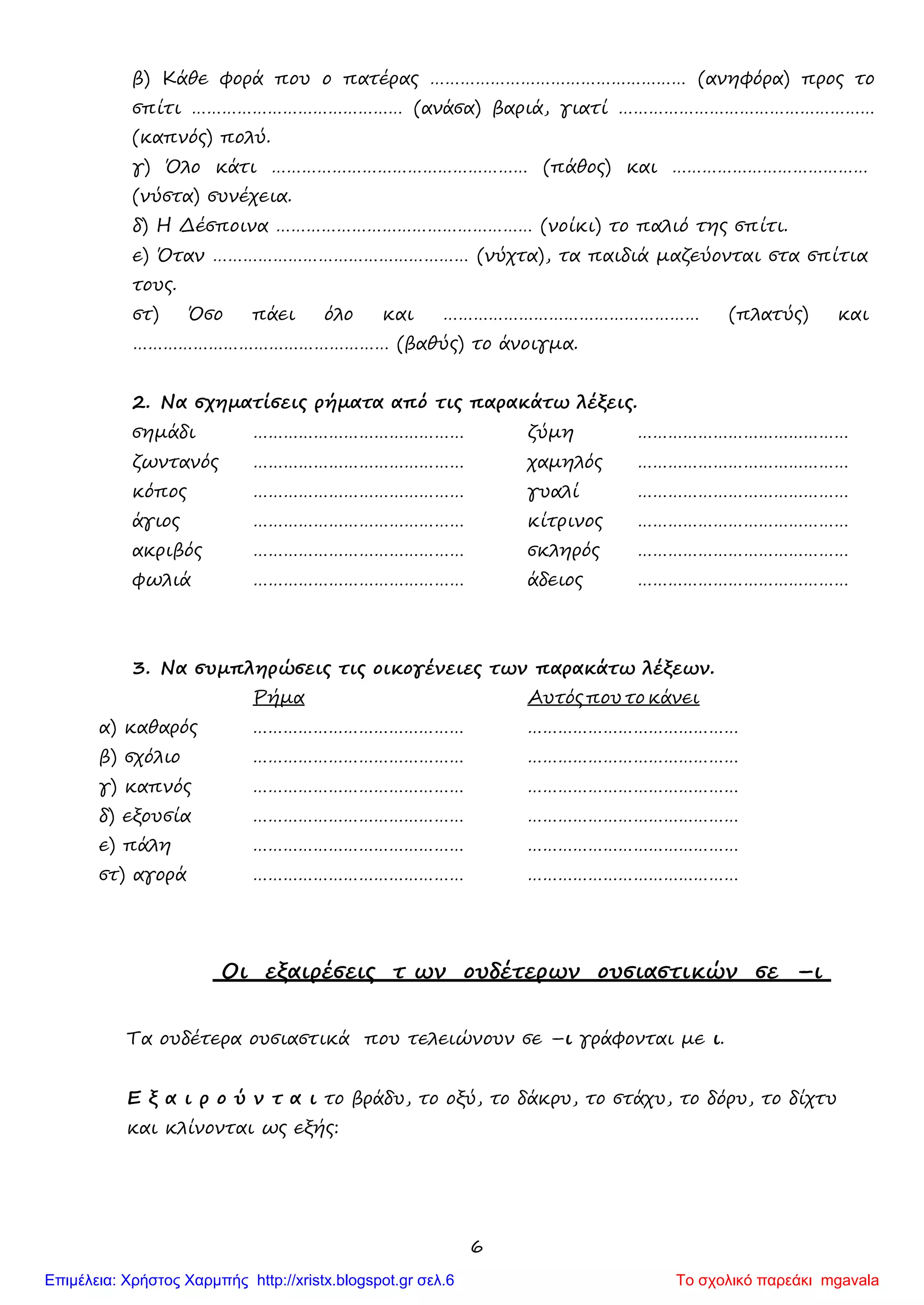 6
β) Κάθε φορά που ο πατέρας …………………………………………… (ανηφόρα) προς το
σπίτι …………………………………… (ανάσα) βαριά, γιατί ……………………………………………
(καπνός) πολύ.
γ) Όλο κάτι …………………………………………… (πάθος) και …………………………………
(νύστα) συνέχεια.
δ) Η Δέσποινα …………………………………………… (νοίκι) το παλιό της σπίτι.
ε) Όταν …………………………………………… (νύχτα), τα παιδιά μαζεύονται στα σπίτια
τους.
στ) Όσο πάει όλο και …………………………………………… (πλατύς) και
…………………………………………… (βαθύς) το άνοιγμα.
2. Να σχηματίσεις ρήματα από τις παρακάτω λέξεις.
σημάδι …………………………………… ζύμη ……………………………………
ζωντανός …………………………………… χαμηλός ……………………………………
κόπος …………………………………… γυαλί ……………………………………
άγιος …………………………………… κίτρινος ……………………………………
ακριβός …………………………………… σκληρός ……………………………………
φωλιά …………………………………… άδειος ……………………………………
3. Να συμπληρώσεις τις οικογένειες των παρακάτω λέξεων.
Ρήμα Αυτός που το κάνει
α) καθαρός …………………………………… ……………………………………
β) σχόλιο …………………………………… ……………………………………
γ) καπνός …………………………………… ……………………………………
δ) εξουσία …………………………………… ……………………………………
ε) πάλη …………………………………… ……………………………………
στ) αγορά …………………………………… ……………………………………
Οι εξαιρέσεις τ ων ουδέτερων ουσιαστικών σε –ι
Τα ουδέτερα ουσιαστικά που τελειώνουν σε –ι γράφονται με ι.
Ε ξ α ι ρ ο ύ ν τ α ι το βράδυ, το οξύ, το δάκρυ, το στάχυ, το δόρυ, το δίχτυ
και κλίνονται ως εξής:
Το σχολικό παρεάκι mgavalaΕπιμέλεια: Χρήστος Χαρμπής http://xristx.blogspot.gr σελ.6
 