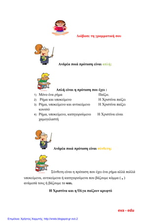 Διάβασε τη γραμματική σου
Ανδρέα ποιά πρόταση είναι απλή;
Απλή είναι η πρόταση που έχει :
1) Μόνο ένα ρήμα Παίζω.
2) Ρήμα και υποκείμενο Η Χριστίνα παίζει
3) Ρήμα, υποκείμενο και αντικείμενο Η Χριστίνα παίζει
κουτσό
4) Ρήμα, υποκείμενο, κατηγορούμενο Η Χριστίνα είναι
χαμογελαστή
Ανδρέα ποιά πρόταση είναι σύνθετη;
Σύνθετη είναι η πρόταση που έχει ένα ρήμα αλλά πολλά
υποκείμενα, αντικείμενα ή κατηγορούμενα που βάζουμε κόμμα ( , )
ανάμεσά τους ή βάζουμε το και.
Η Χριστίνα και η Όλγα παίζουν κρυφτό
eva - edu
Επιμέλεια: Χρήστος Χαρμπής http://xristx.blogspot.gr σελ.2
 