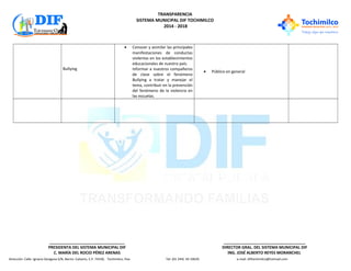 TRANSPARENCIA
SISTEMA MUNICIPAL DIF TOCHIMILCO
2014 - 2018
Dirección: Calle: Ignacio Zaragoza S/N, Barrio: Calvario, C.P. 74330, Tochimilco, Pue. Tel: (01 244) 44 10629. e-mail: diftochimilco@hotmail.com
__________________________________
PRESIDENTA DEL SISTEMA MUNICIPAL DIF
C. MARÍA DEL ROCIO PÉREZ ARENAS
_____________________________________
DIRECTOR GRAL. DEL SISTEMA MUNICIPAL DIF
ING. JOSÉ ALBERTO REYES MORANCHEL
Bullying
• Conocer y asimilar las principales
manifestaciones de conductas
violentas en los establecimientos
educacionales de nuestro país.
Informar a nuestros compañeros
de clase sobre el fenómeno
Bullying a tratar y manejar el
tema, contribuir en la prevención
del fenómeno de la violencia en
las escuelas.
• Público en general
 
