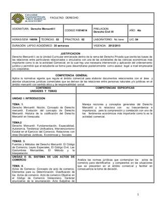 1
FACULTAD: DERECHO
ASIGNATURA: Derecho Mercantil I
CODIGO:11014014
PRELACION:
Derecho Civil III
AÑO: 4to
HORAS/SEM: 140/04 TEORICAS: 02 PRACTICAS: 02 LABORATORIO: No tiene U/C: 04
DURACIÓN LAPSO ACADÉMICO: 35 semanas VIGENCIA: 2012/2013
JUSTIFICACION
Derecho Mercantil I, es la Unidad Curricular enmarcada dentro de la rama del Derecho Privado que sienta las bases de
las relaciones entre particulares relacionados o vinculados con una de las actividades de las ciencias económicas mas
importante como lo es la actividad Comercial, en la cual hay una necesaria intervención y aplicación del ordenamiento
jurídico y permitirá que el estudiante se forme para desarrollarse posteriormente como asesor legal a nivel empresarial
y/o corporativo.
COMPETENCIA GENÉRAL
Aplica la normativa vigente que regula el ámbito comercial para elaborar documentos relacionados con el área y
abordar situaciones jurídicas comerciales que se derivan de las relaciones entre personas naturales y/o jurídicas en el
ámbito mercantil con sentido ético y de responsabilidad social.
CONTENIDO
UNIDADES Y TEMAS
COMPETENCIAS ESPECIFICAS
UNIDAD I: INTRODUCCION
TEMA: 1.
Derecho Mercantil: Noción. Concepto de Derecho
mercantil. Evolución del concepto de Derecho
Mercantil. Historia de la codificación del Derecho
Mercantil en Venezuela.
TEMA:2
Derecho Mercantil: Fundamentación, Especialidad,
Autonomía, Tendencia Unificadora, Intervencionismo
Estatal en el Ejercicio del Comercio, Relaciones con
otras Disciplinas Jurídicas, Económicas y Sociales
Maneja nociones y conceptos generales del Derecho
Mercantil y lo relaciona con su trascendencia e
importancia, para la comprensión y correlación con uno de
los fenómenos económicos más importante como lo es la
actividad comercial.
TEMAS: 3.
Fuentes y Métodos del Derecho Mercantil: El Código
de Comercio, Leyes Especiales, El Código Civil, Las
Costumbres Mercantiles, El Método y la
Interpretación.
UNIDAD II: EL SISTEMA DE LOS ACTOS DE
COMERCIO
TEMA: 4.
Actos de Comercio: Concepto de acto de comercio.
Elementos para su Determinación. Clasificación de
los Actos de comercio. Acto de comercio Objetivo en
el Código de Comercio Venezolano. Carácter
enunciativo de la enumeración. Acto Subjetivo de
Analiza las normas jurídicas que contemplan los actos de
comercio para identificarlos y compararlos en las situaciones
que se presenten en el ámbito comercial y facilitar en
consecuencia la toma de decisión.
 