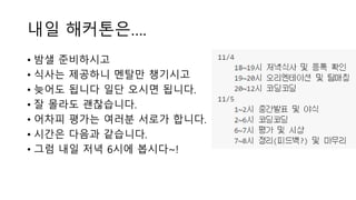 내일 해커톤은….
• 밤샐 준비하시고
• 식사는 제공하니 멘탈만 챙기시고
• 늦어도 됩니다 일단 오시면 됩니다.
• 잘 몰라도 괜찮습니다.
• 어차피 평가는 여러분 서로가 합니다.
• 시간은 다음과 같습니다.
• 그럼 내일 저녁 6시에 봅시다~!
 