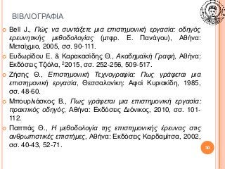 ΒΙΒΛΙΟΓΡΑΦΙΑ
 Bell J., Πώς να συντάξετε μια επιστημονική εργασία: οδηγός
ερευνητικής μεθοδολογίας (μτφρ. Ε. Πανάγου), Αθήνα:
Μεταίχμιο, 2005, σσ. 90-111.
 Ευδωρίδου Ε. & Καρακασίδης Θ., Ακαδημαϊκή Γραφή, Αθήνα:
Εκδόσεις Τζιόλα, 22015, σσ. 252-256, 509-517.
 Ζήσης Θ., Επιστημονική Τεχνογραφία: Πως γράφεται μια
επιστημονική εργασία, Θεσσαλονίκη: Αφοί Κυριακίδη, 1985,
σσ. 48-60.
 Μπουρλιάσκος Β., Πως γράφεται μια επιστημονική εργασία:
πρακτικός οδηγός, Αθήνα: Εκδόσεις Διόνικος, 2010, σσ. 101-
112.
 Παππάς Θ., Η μεθοδολογία της επιστημονικής έρευνας στις
ανθρωπιστικές επιστήμες, Αθήνα: Εκδόσεις Καρδαμίτσα, 2002,
σσ. 40-43, 52-71. 30
 