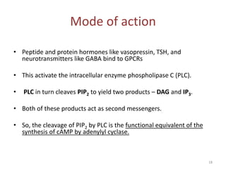 Mode of action
• Peptide and protein hormones like vasopressin, TSH, and
neurotransmitters like GABA bind to GPCRs
• This activate the intracellular enzyme phospholipase C (PLC).
• PLC in turn cleaves PIP2 to yield two products – DAG and IP3.
• Both of these products act as second messengers.
• So, the cleavage of PIP2 by PLC is the functional equivalent of the
synthesis of cAMP by adenylyl cyclase.
18
 